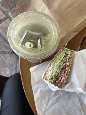 Birds-Eye-View of Matcha Protein Shake & Avocado Sandwich