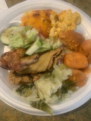 Fried Flounder, Baked Chicken, Salad, Mac & Cheese & cabbage