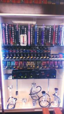 Square and Starbuzz Disposable E-hookahs, Square E-head and All glass Fumo Design Hookahs.