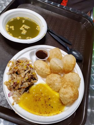 Pani puri with potato and channa stuffing, dal, tamarind chutney and pani