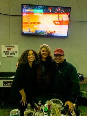 A too-dark pic of me at my 50th birthday party with JW Bartending owner and bartender Yusi (L) and bartender Jazzy (R). Thanks, y'all!