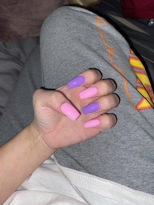 Full set of acrylics, tapered square, medium length, with gel using colors 05(purple) and 16(pink)