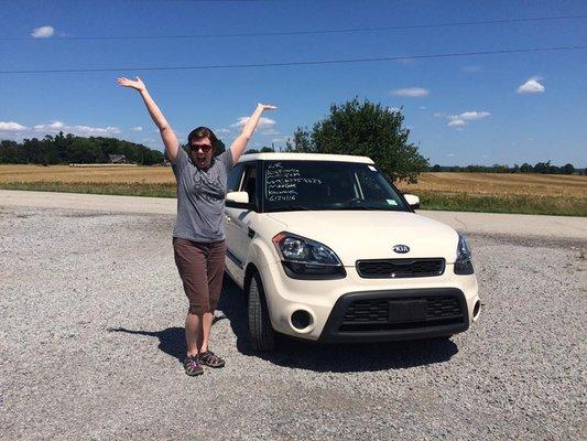 One of our most satisfied customers, Andrea and her new Kia Soul!