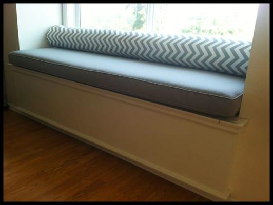 Window seat bolster pillow and seat cushion both upholstered by Ma Lee's team.