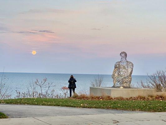 Early Full "Blood" Moon over Lake Michigan