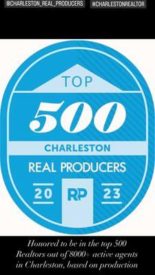 Honored to be apart of the top 500 realtors in Charleston, out of 8000+ agents, based on production