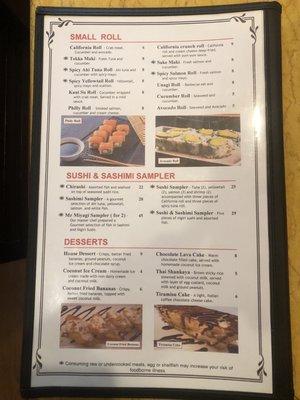 Sushi,Sashimi & Dessert menu