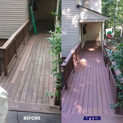 Before & After Deck staining. Pressure washing to remove green algae growth from the deck boards.