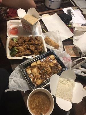 Egg roll, general tsos chicken, ma po tofu, hot and sour soup. The ma po and hot and sour soup are both super delicious!