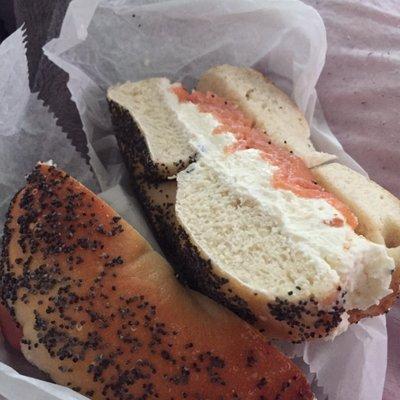 Smoked salmon with plaib cream cheese on poppy seed bagel