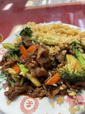 Beef with broccoli, rice