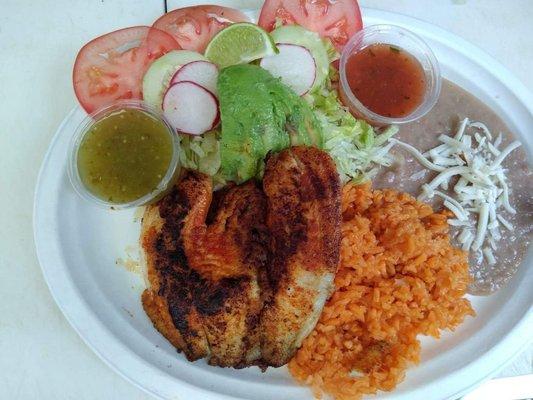 Grilled fish tilapia plate with refried beans,rice,lettuce,tomatoes, cucumbers,radish,avocado, red and green salsa