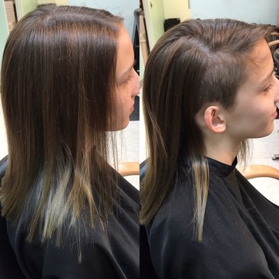 Cut about 5inches off and shaved underneath one side so she can style both ways. Cut by stylist Breianna.