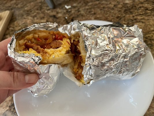 Breakfast burrito 1. Chorizo, Cheddar and Hash Brown - pretty good!