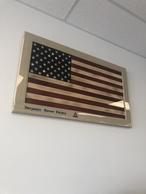 Our handcrafted American flag has been hung with pride.  Thanks to Chris Mills from Shoveltown Flag Co.