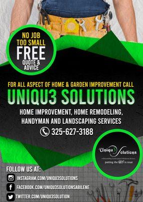 Uniqu3 Solutions - Putting the US in trust. No job too small, Free quote and advice. Call us at : 325-627-3188