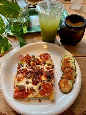 Keto meat lover's pizza and matcha lemonade.