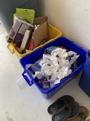 Trash in recycle bin (paper and insulation)