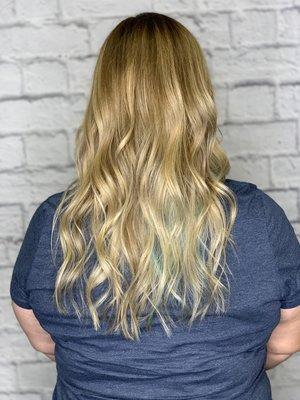 Natural balayage, with a teal peek-a-boo!