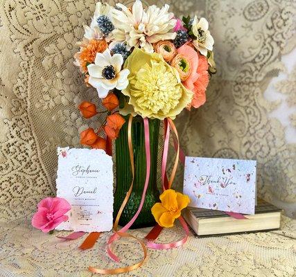 Handmade paper flower bridal bouquet with handmade paper invitation and matching thank you card.