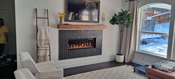 Accent Wall with tile and gas insert. Custom mantle