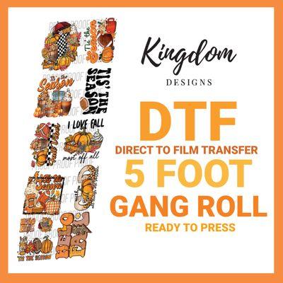 Sample of a themed 5 foot DTF Transfer Gang sheet. DTF transfers can be applied to cotton, polyester, poly-cotton, and other various fabrics