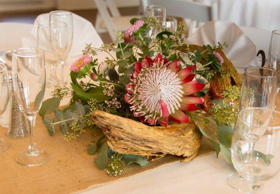 King Protea and driftwood centerpiece