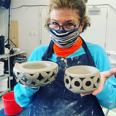 Kathy and her double walled bowls from Friday AM class