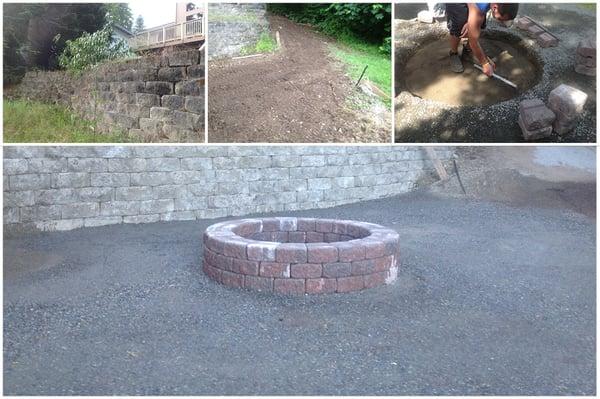 Before and during images of firepit and patio project.