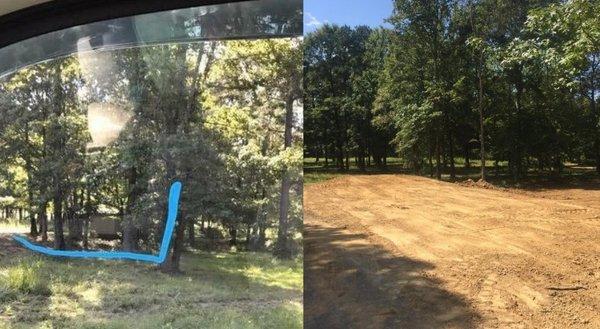 Before with unwanted trees and after trees removed and dirt work to build a house pad.