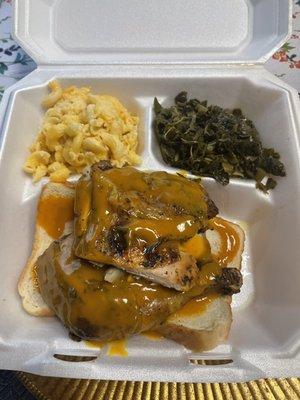 Barbecue chicken, macaroni and cheese and collard greens