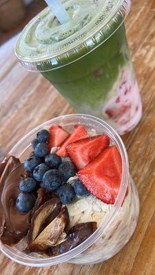 banana bowl and strawberry matcha