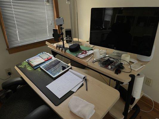 Remote vision therapy - yardstick with clothespins, puzzles, camera at eye level, posters and string with beads