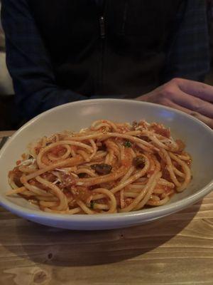 The Bucatini ~$32. Thick spaghetti with a spicy meat sauce.