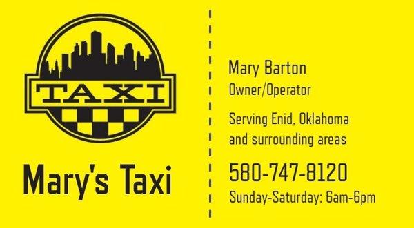 Mary's Taxi, providing friendly reliable transportation in Enid, OK and the surrounding areas.