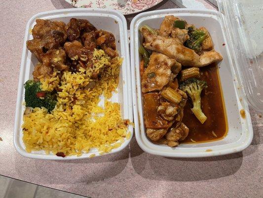 So hungry I dug in before photo! Orange chicken on the left and garlic chicken on the right.