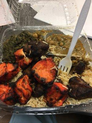 Lamb and sheesh combo with veggies (spinach and chickpeas) and rice. Pretty good. Lamb was the best part