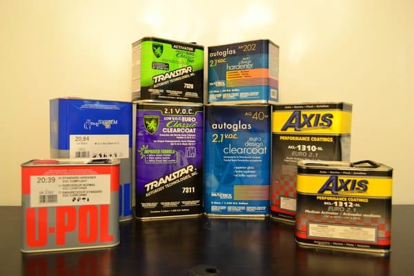 From left to right 5 Liter Clearcoats: Upol, Transtar 7311, Matrix Autoglas, Axis