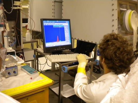 (Nuclear Science building) Paul checks to see how much plutonium is in a sample