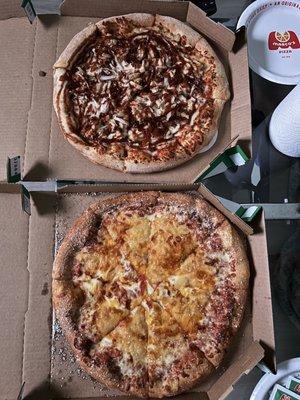 BBQ chicken pizza, cheese pizza