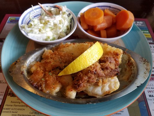 Broiled Seafood medley, bay scallops, stuffed shrimp, haddock, coleslaw, carrots. $10.95