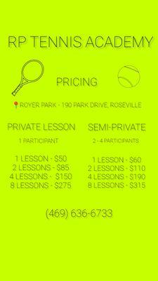 Private Lessons and Semi-private Lessons Price List - Royer Park