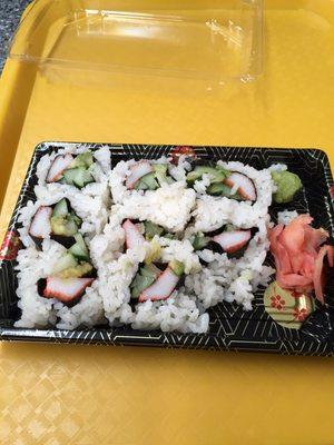 Falling apart California roll with browning avocado. Not appetizing for $6.