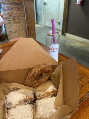 Cinnamon sugar churro, big easy beignets and a chocolate chip coffee.