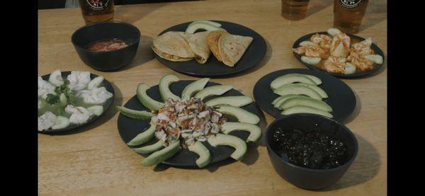 Our Delicious Mariscos Mi Pa 
 -Ceviche de Camaron 
 -Sampler Plate with empanada, hard taco, soft taco & mulita de Cameron.