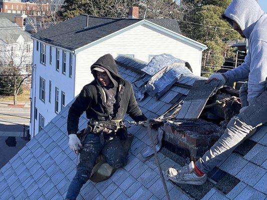 Removing a chimney in Brookline.