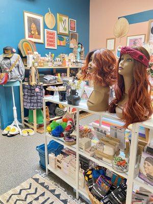 A photo in the front room at Della's. Wigs, gift items, and beauty products, etc.