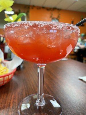 Watermelon margarita, a bit sweet from too much syrup.