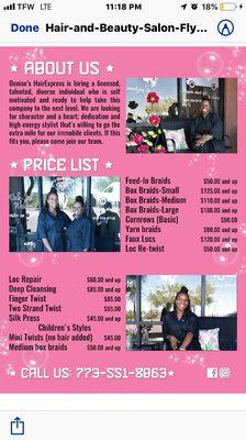 Price list and some of the services.  Call us for our specials. $20 off first services with your business card.