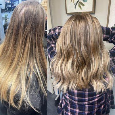 Blonde balayage and haircut with soft beachy waves